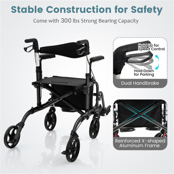 2-in-1 Rollator Walker and Wheelchair - 300lbs Capacity, Adjustable Handles, Black