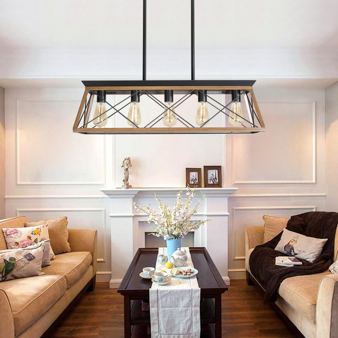 32-Inch Walnut Industrial 5-Light Pendant Chandelier - Adjustable