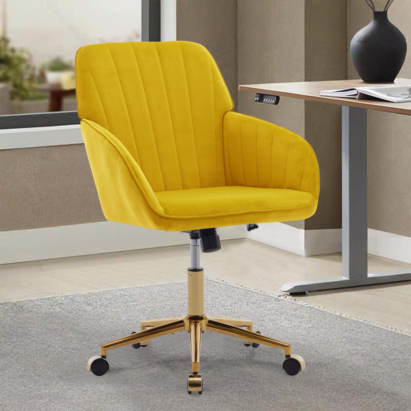Bright Yellow Velvet Office Chair with Gold Base - TY Model