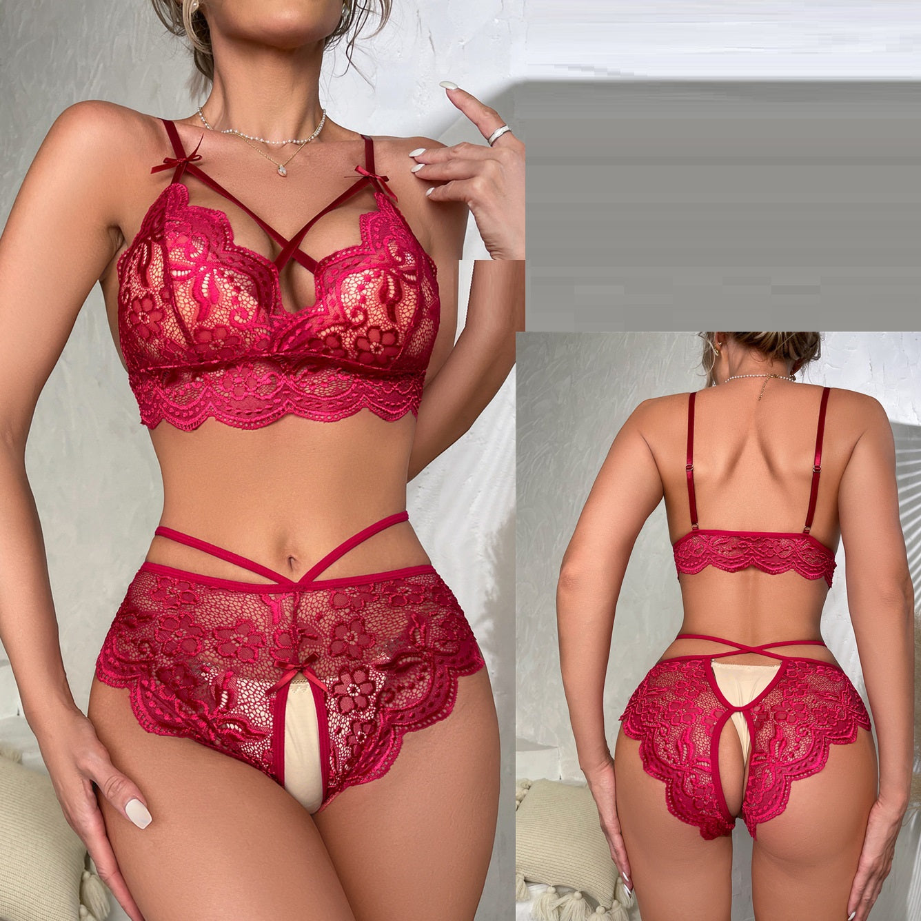 See-Through Lace Embroidery Backless Bra and Panty Set - Romantic Women's Lingerie