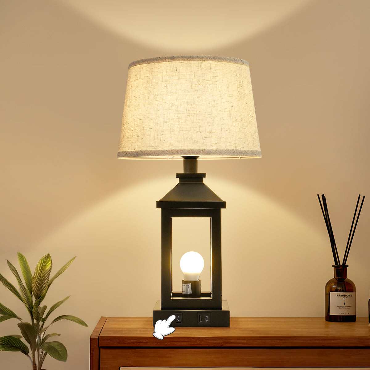 Dimmable Black Farmhouse Bedside Table Lamp with USB Ports