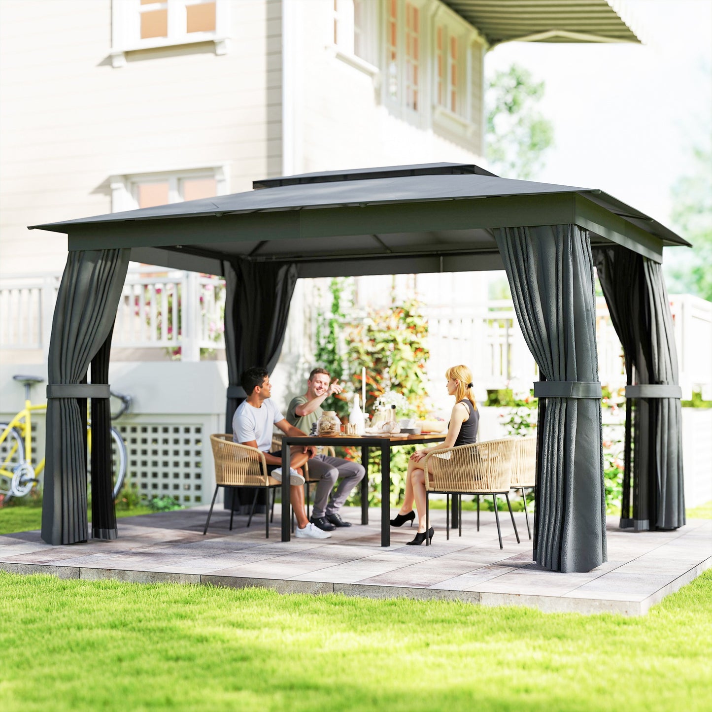 Outdoor Patio Gazebo with Double-Tier Roof - Dark Gray