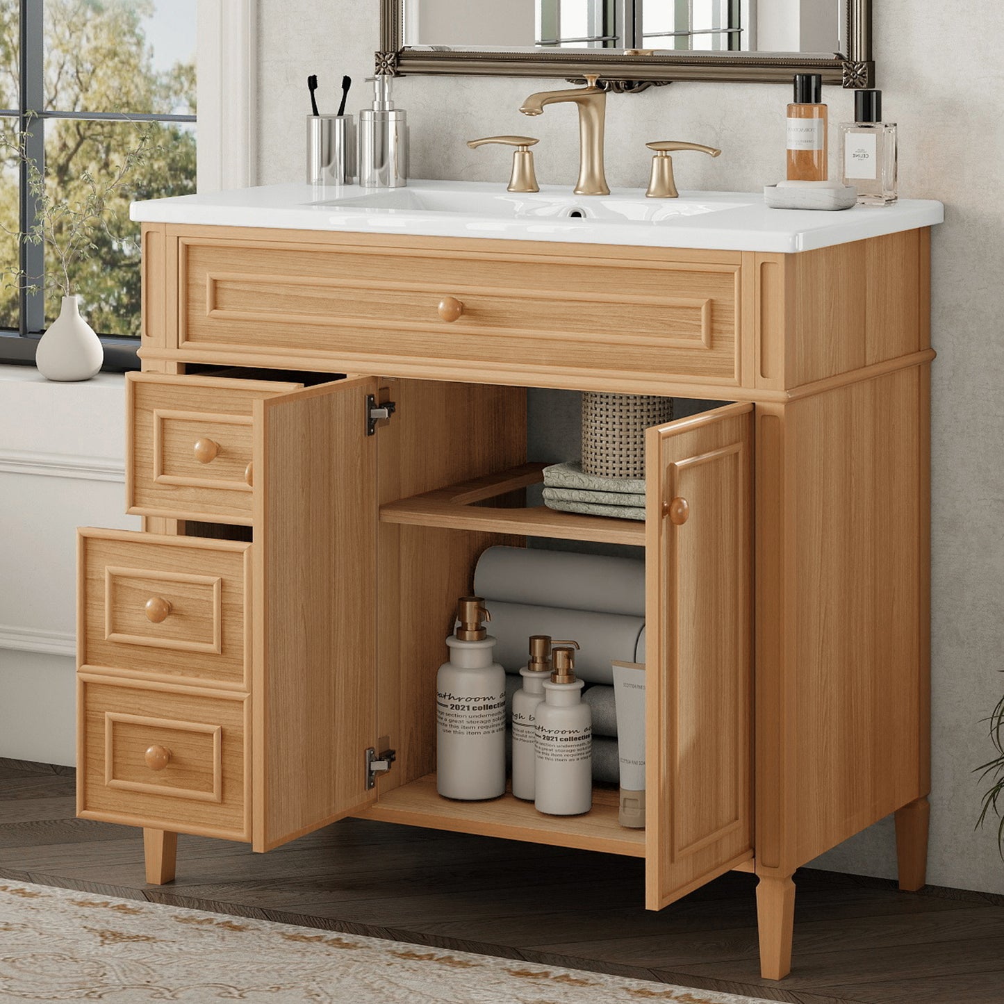 36" Bathroom Vanity with Sink - Wood Cabinet, 3 Drawers, Soft-Close Doors