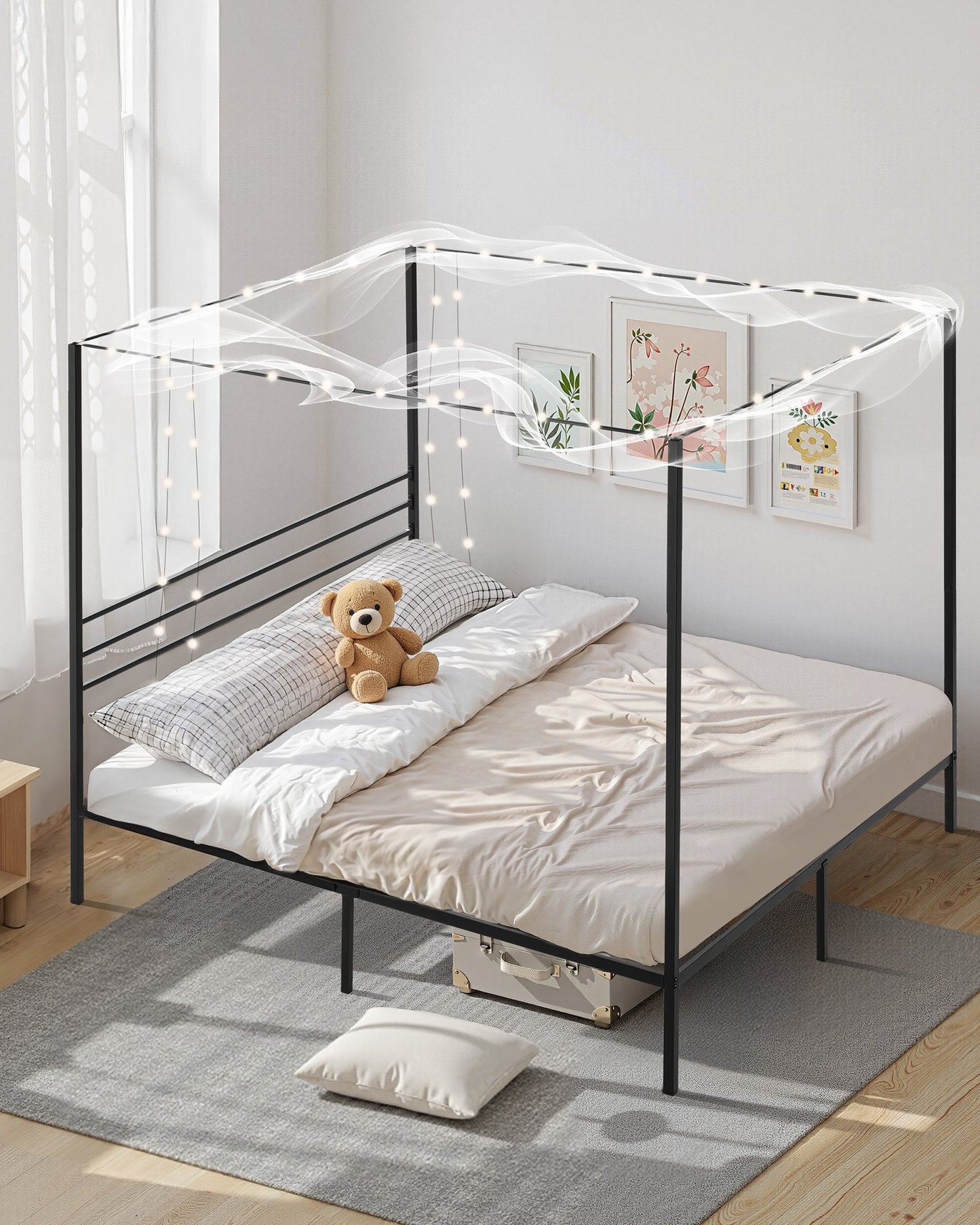 Heavy Duty Metal Canopy Bed Frame with Four Posters, Underbed Storage, Easy Assembly - Black