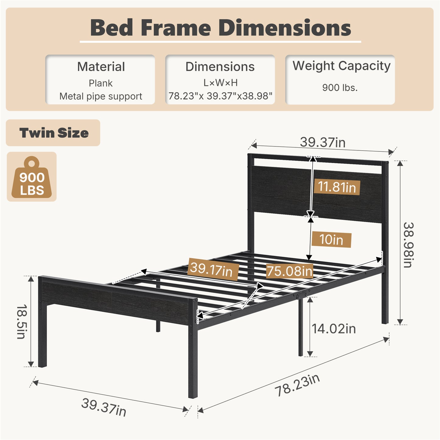 Heavy-Duty Metal Platform Bed with Wooden Headboard and Storage