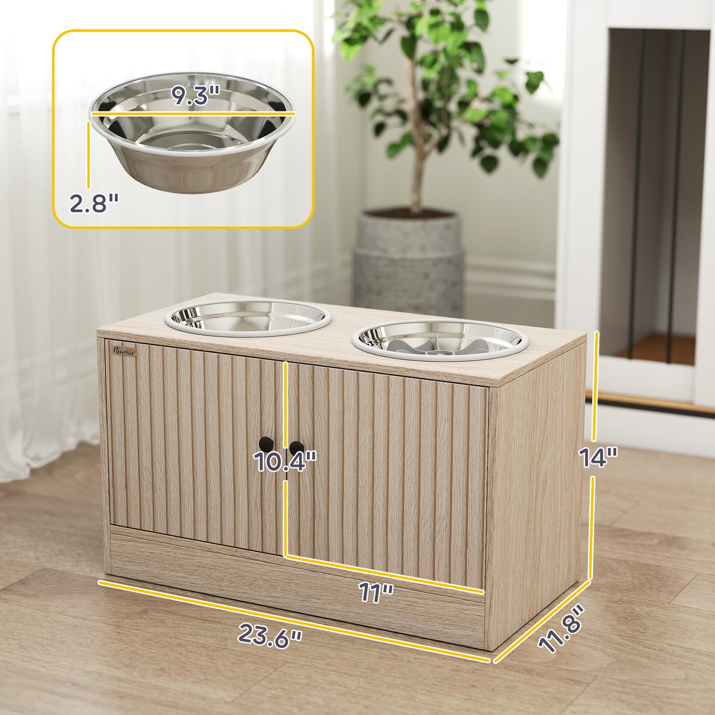 Elevated Dog Feeding Station with Storage Cabinet & Stainless Steel Bowls - Oak