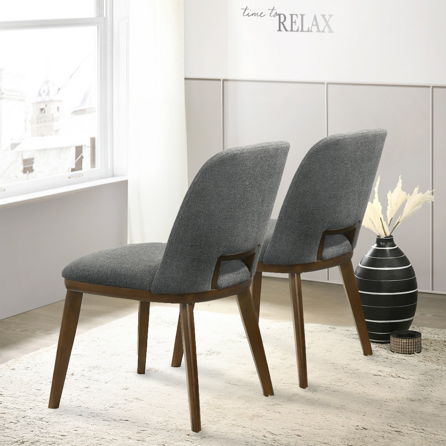 Modern Blake Dark Grey Fabric Dining Chair Set Of 2 With Walnut Wood