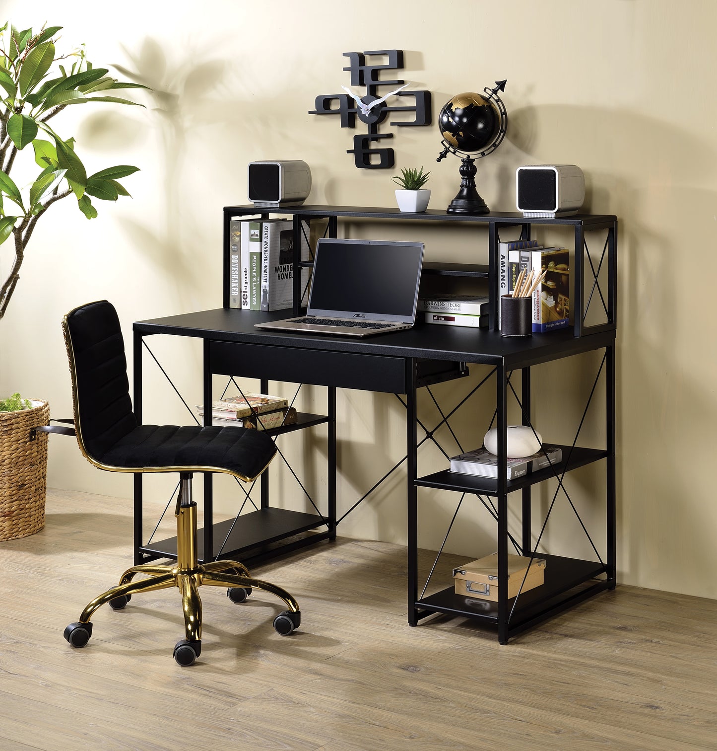 All-Purpose Black Finish Writing Desk with Storage Compartments