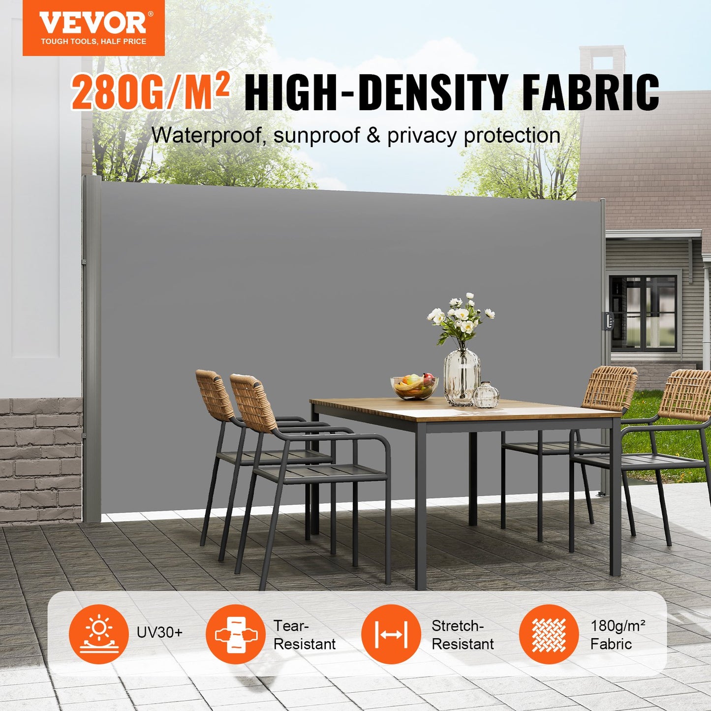 Retractable Outdoor Privacy Screen 63x118in Aluminum Wind & Rain Blocker Gray