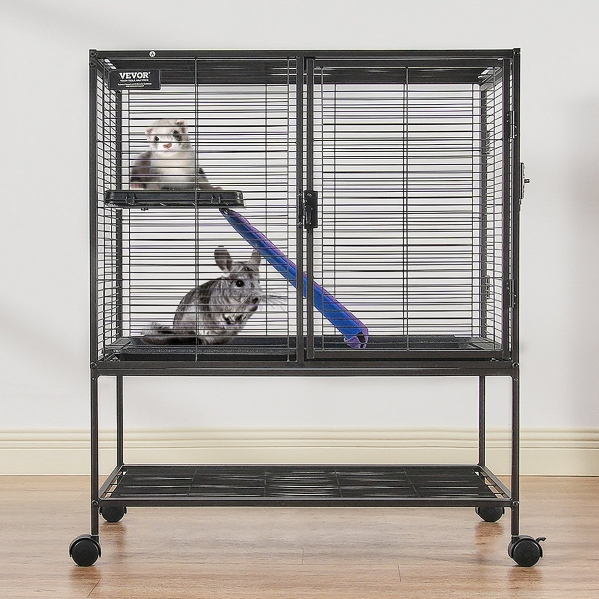 36-Inch Metal Small Animal Cage with Ramp - 2-Tier Rolling Ferret Enclosure, Black