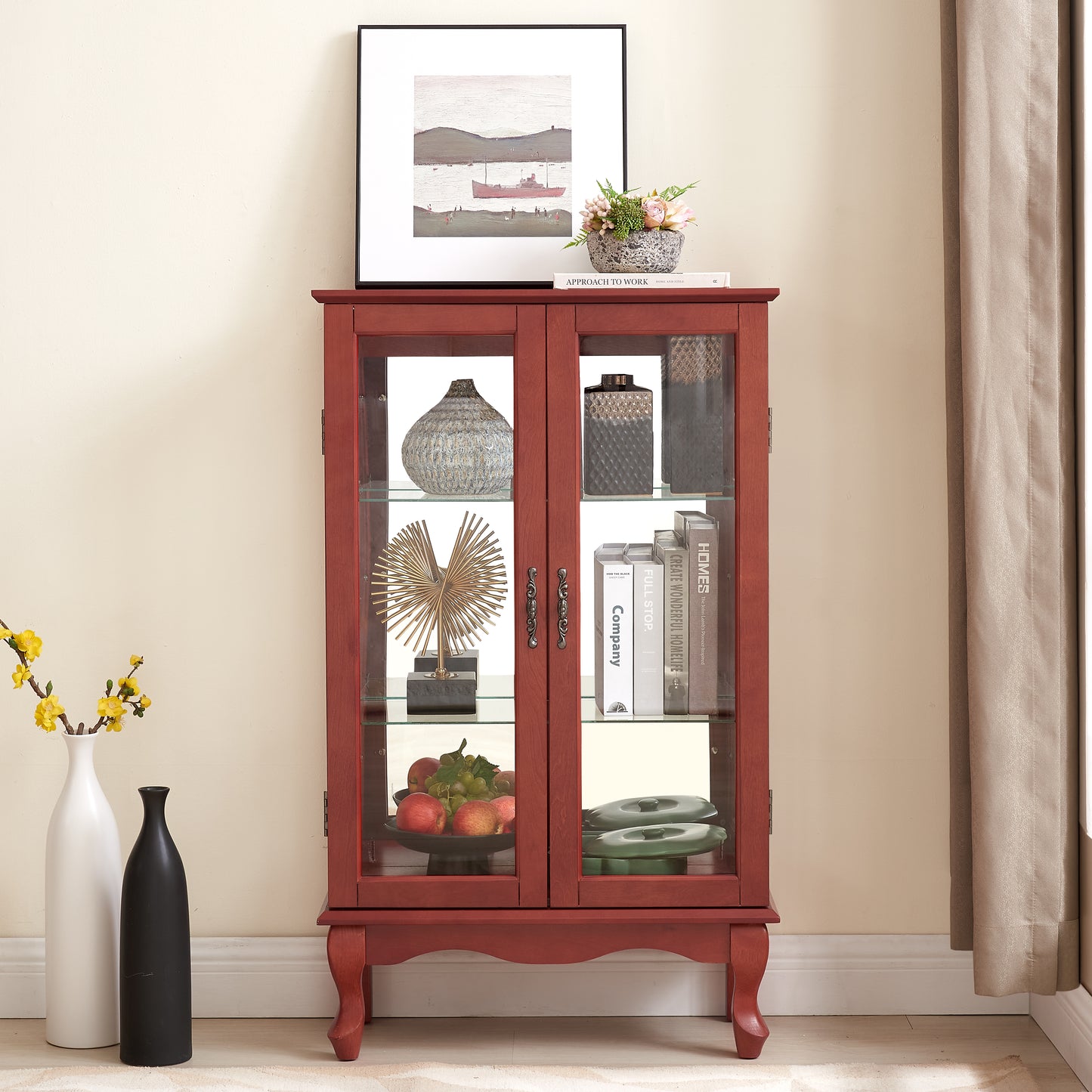 Lighted Curio Cabinet with Glass Doors & Adjustable Shelves - Cherry