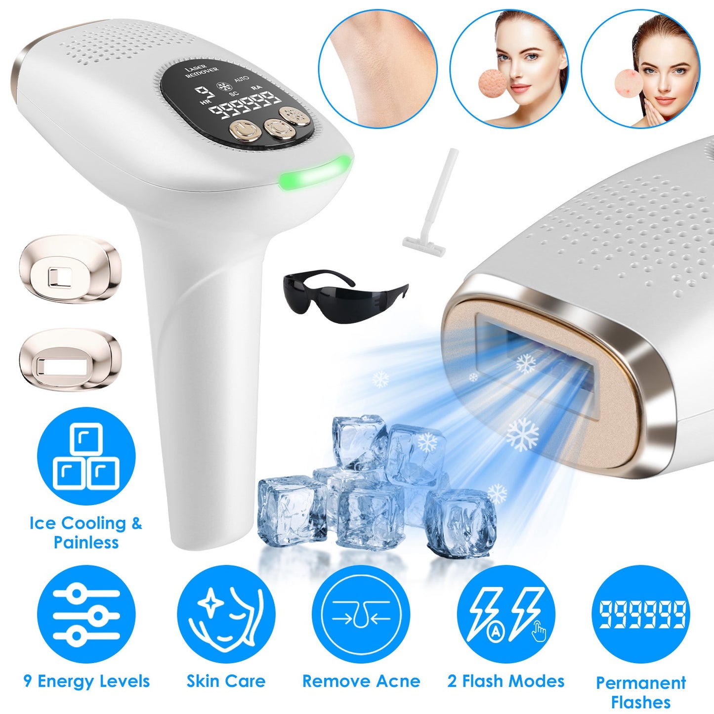 3-in-1 IPL Hair Removal Device with Ice Cooling, 9 Energy Levels & 999k Flashes