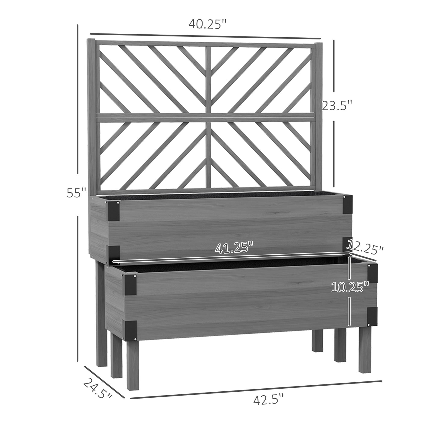 2-Tier Wooden Raised Garden Bed with Trellis Gray 1185x395x275mm