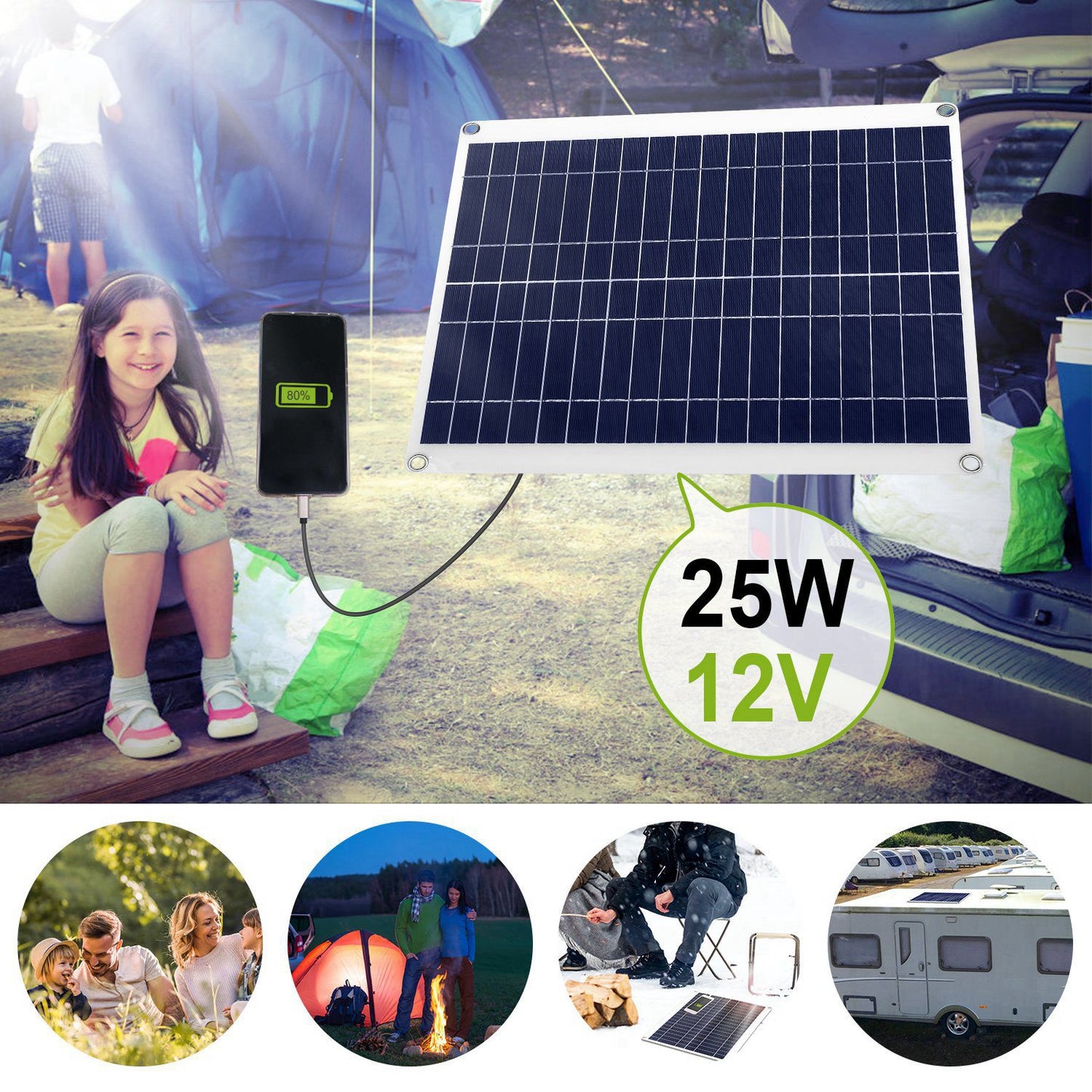 12V 25W Outdoor Solar Panel Battery Charger with Dual USB Ports