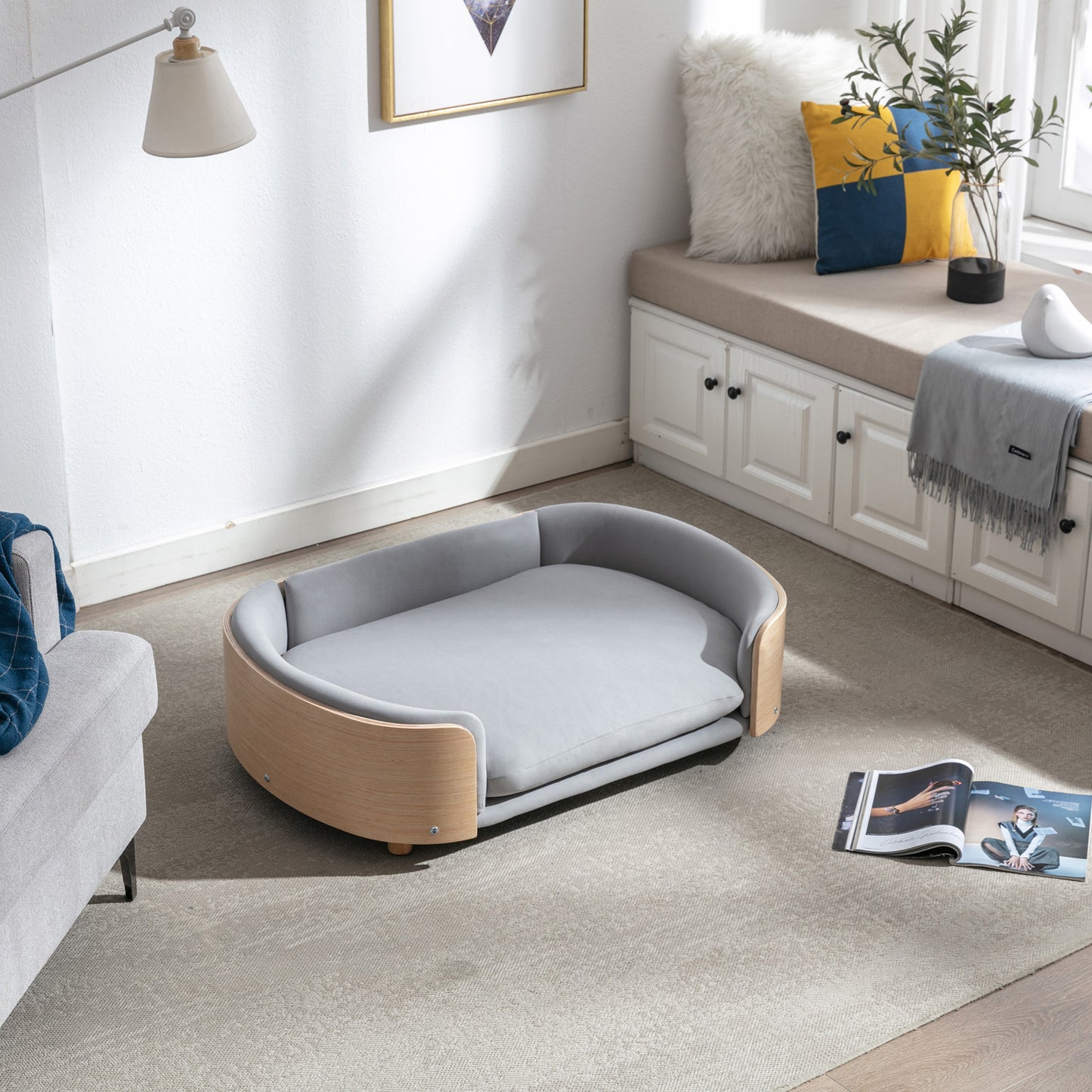 Large Scandinavian Style Elevated Dog Bed with Velvet Cushion and Solid Wood Legs