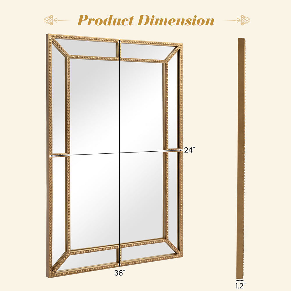 Gold Beaded Wall Mirror - 36" x 24" Decorative Metal Frame for Home Decor