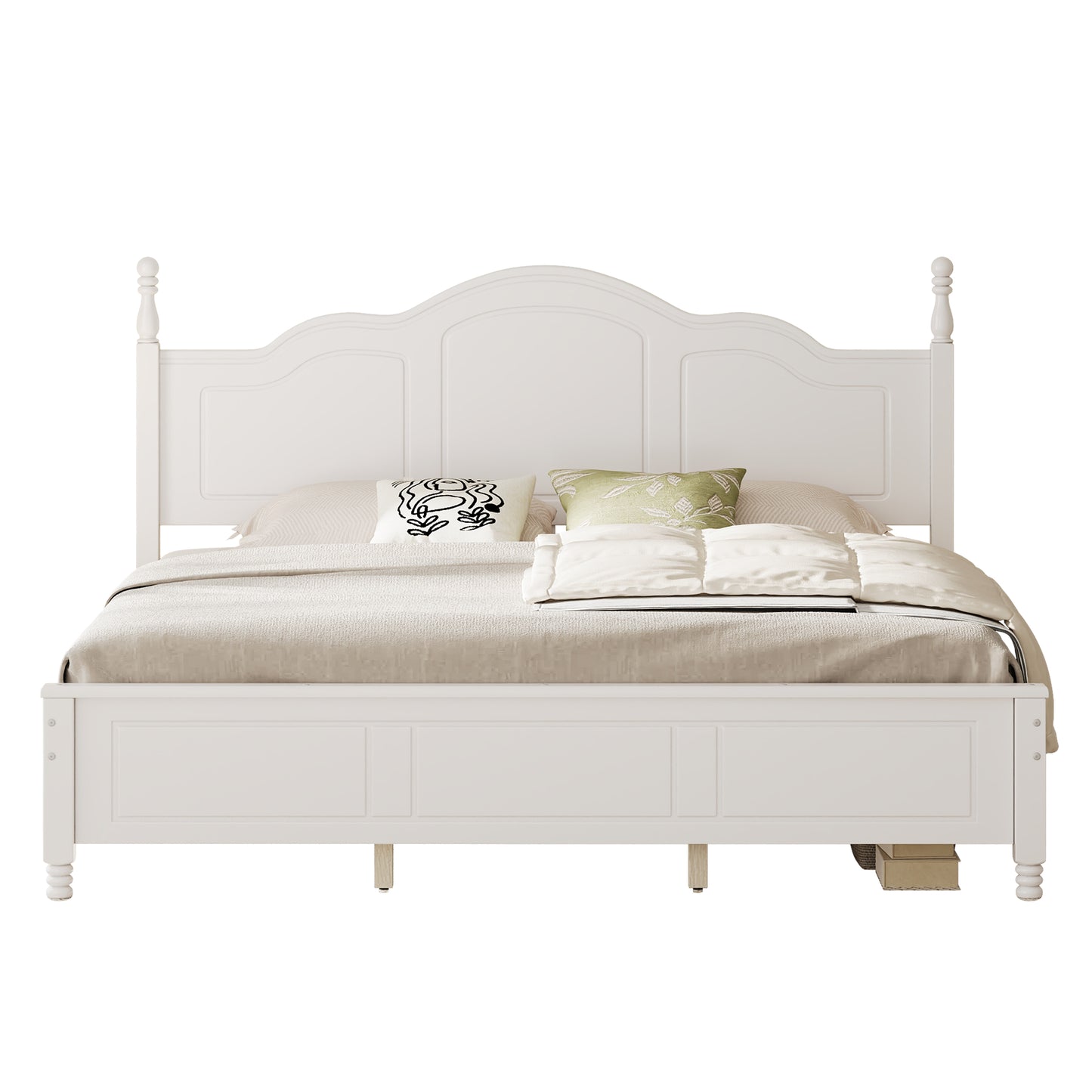 King Size Platform Bed Frame With Retro Wave Headboard, Wooden Slat