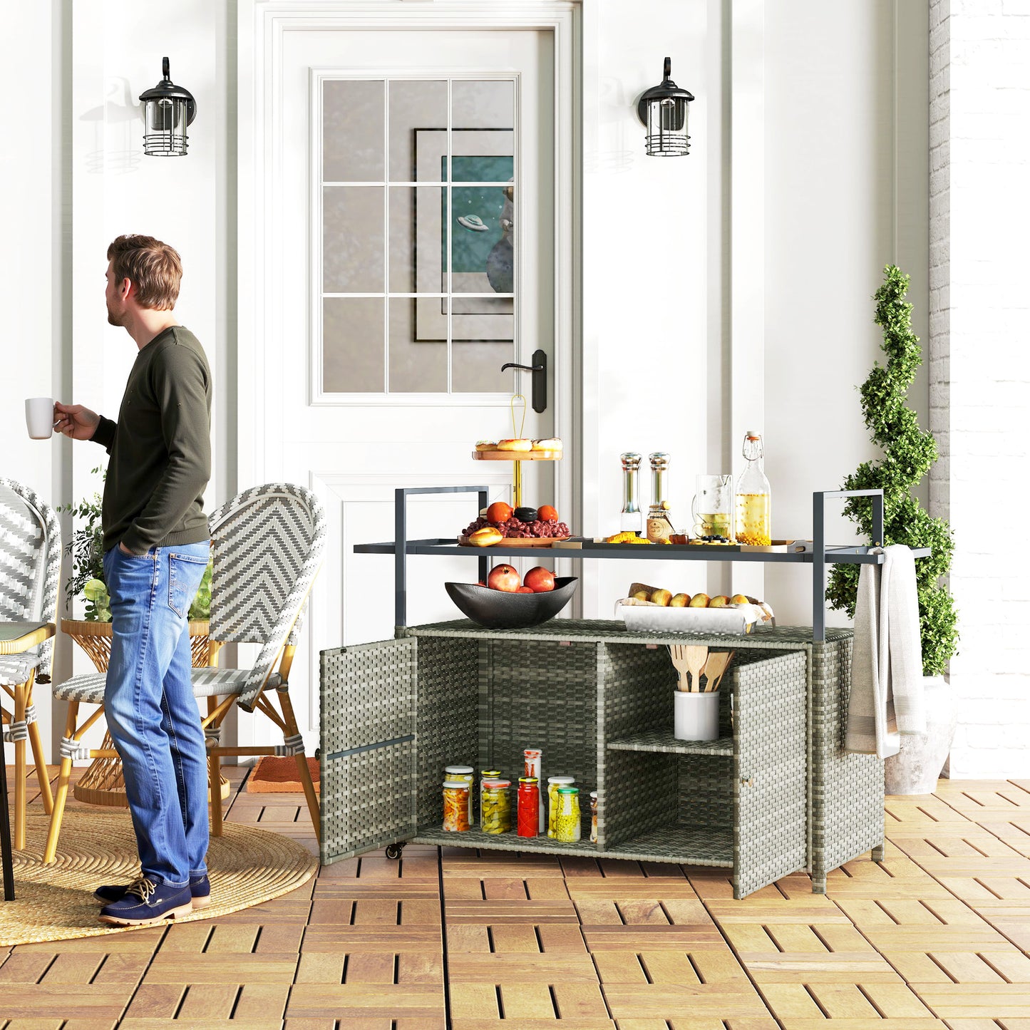 Outdoor Bar Cart with Glass Top & Cabinet - Mixed Gray