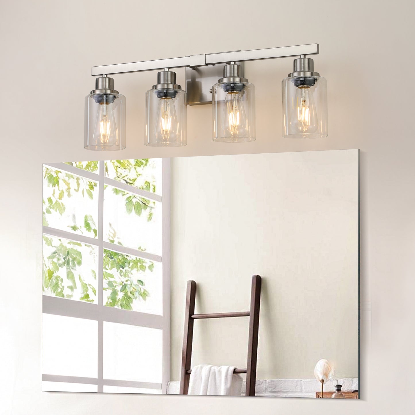 Modern 4-Light Bathroom Vanity Light Fixture - Brushed Nickel with Glass Shades