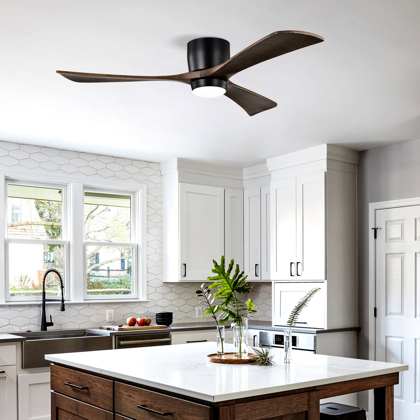 52" Flush Mount Ceiling Fan with Lights & Remote Control - Matte Black