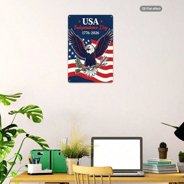 Patriotic Aluminum Tin Sign - Bald Eagle & American Flag Wall Art - 20x30 Inch