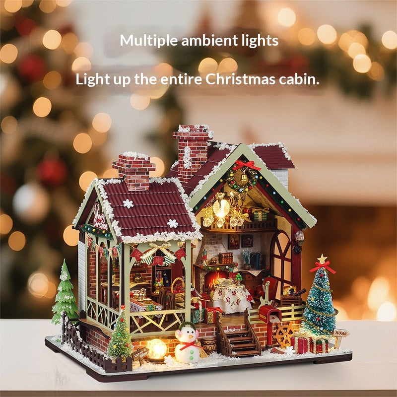 Miniature Wooden Cottage House Christmas Scene Toy with Dust Cover