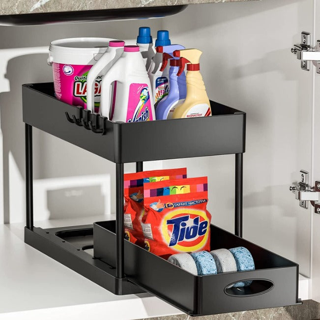 Double-Layer Pull-Out Kitchen Sink Organizer Rack - Black Plastic Storage Shelf
