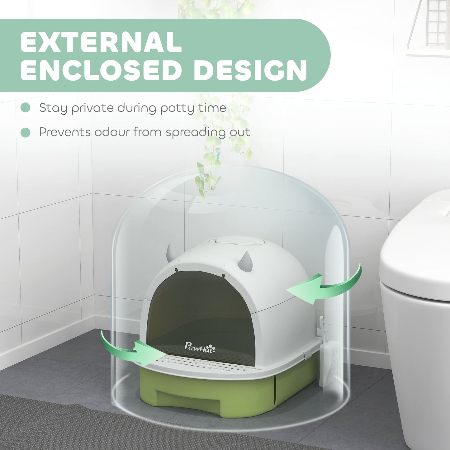 Covered Cat Litter Box with Lid, Scoop & Deodorizing Bags - Green, 410x180x520mm