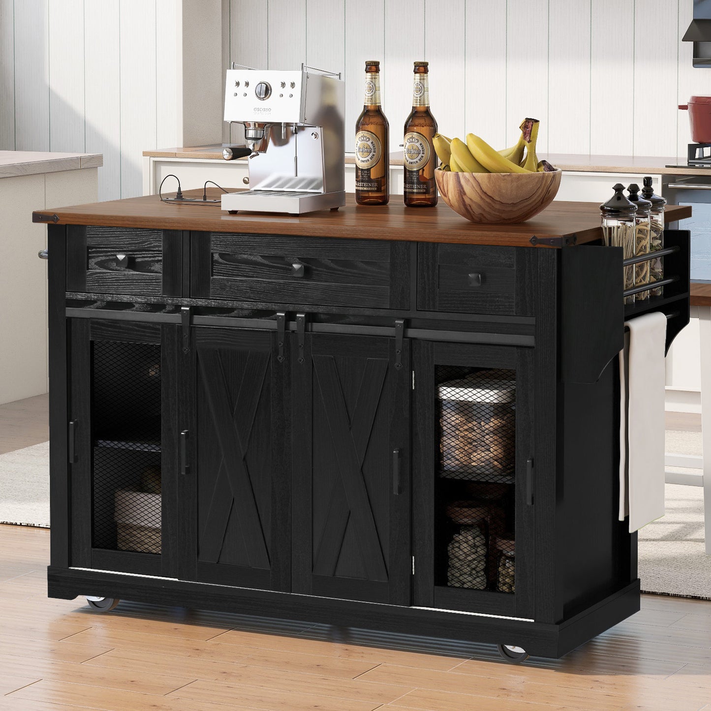 Farmhouse Kitchen Island with Storage & Rolling Wheels - Black