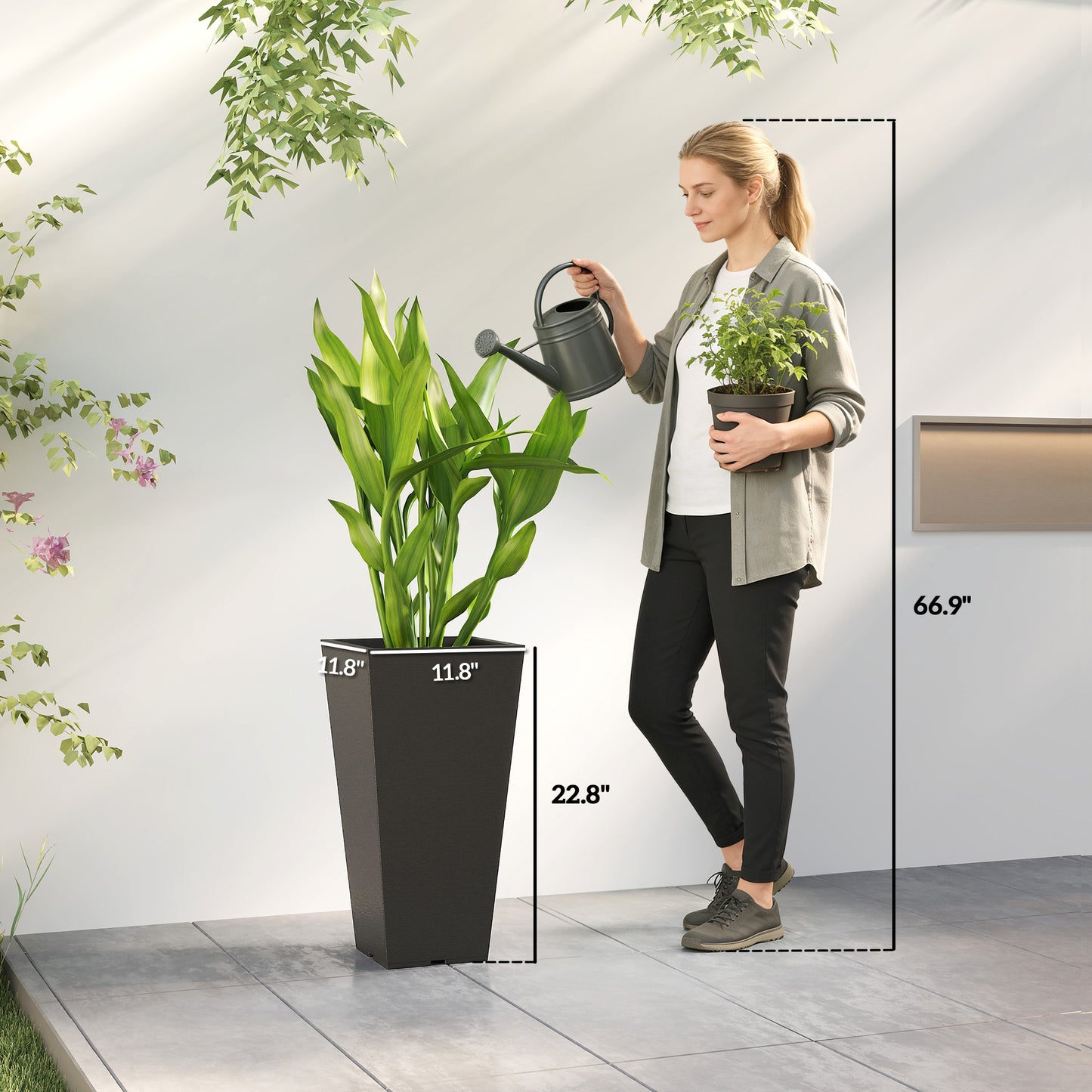 Tall Outdoor Plant Planters Set of 2 - Black Plastic Flower Pots for Garden & Patio