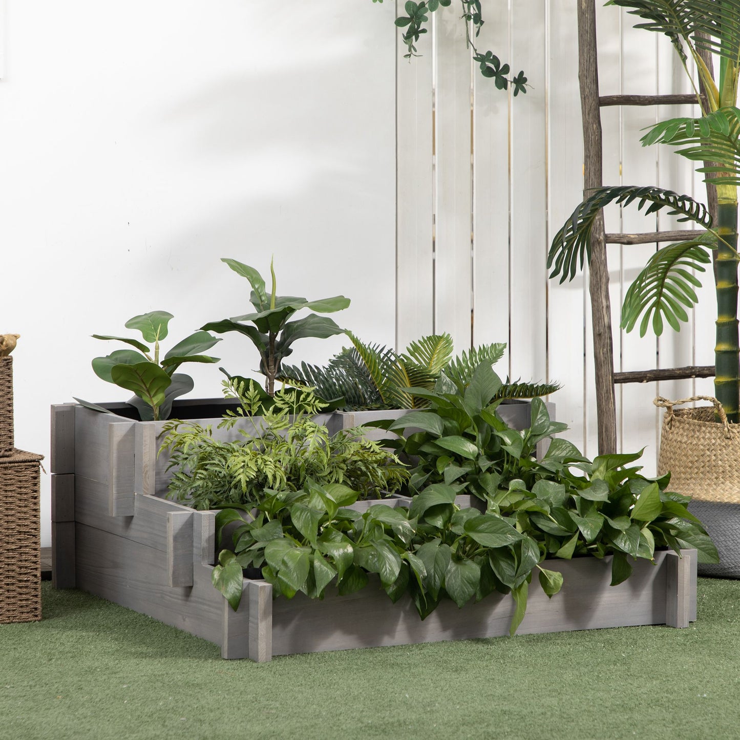 3-Tier Raised Garden Bed with Water Draining Fabric - Elevated Wooden Flower Planter for Vegetables & Herbs, Gray