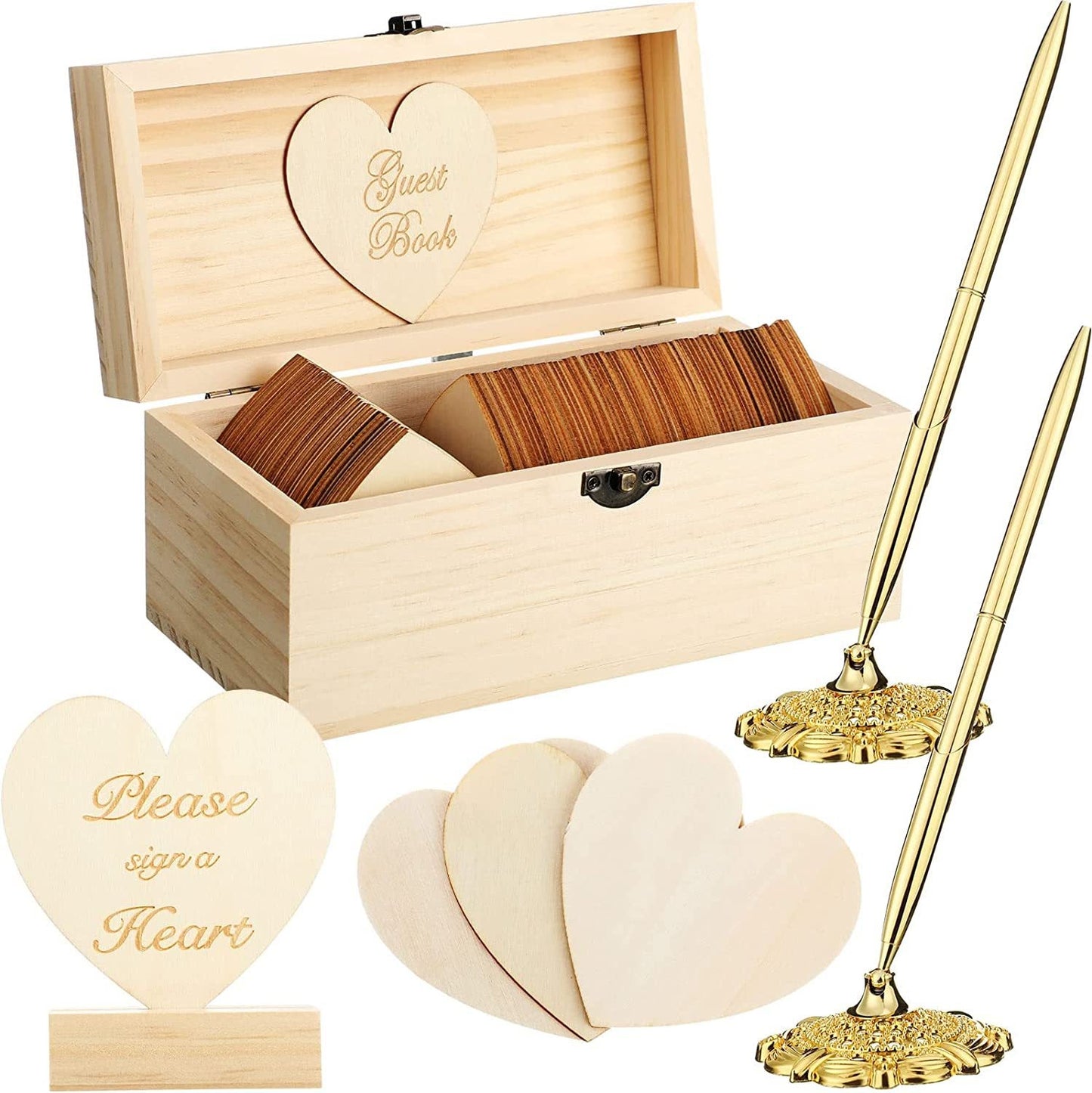 Rustic Wooden Heart Guest Book Set for Weddings & Events with Pen - Natural & Coffee Brown Options