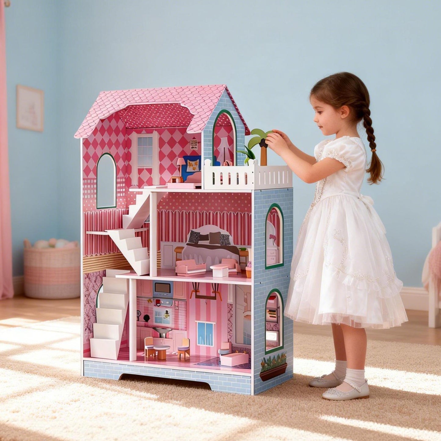 3 Tier Kids Dollhouse With Roof Window And Furniture Wooden Mini Doll