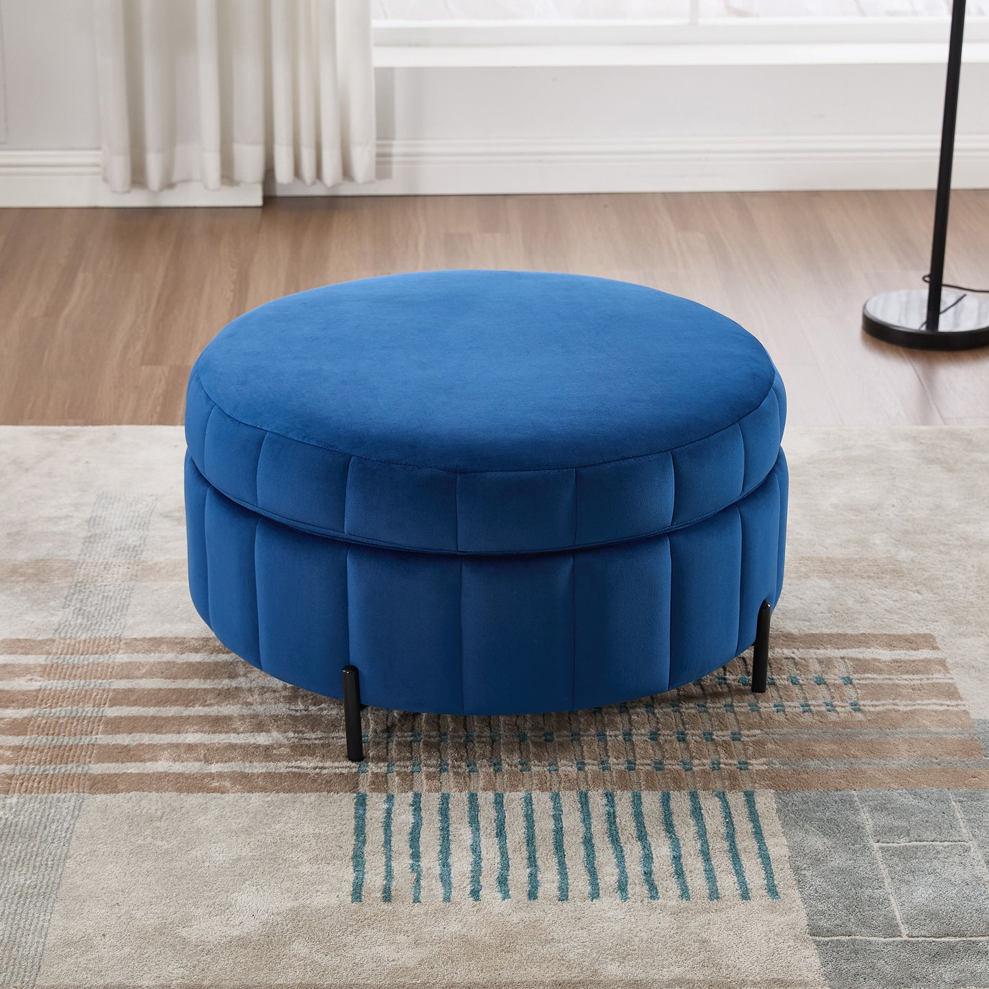 Upholstered Round Ottoman with Reversible Lid - Navy Velvet Storage Stool