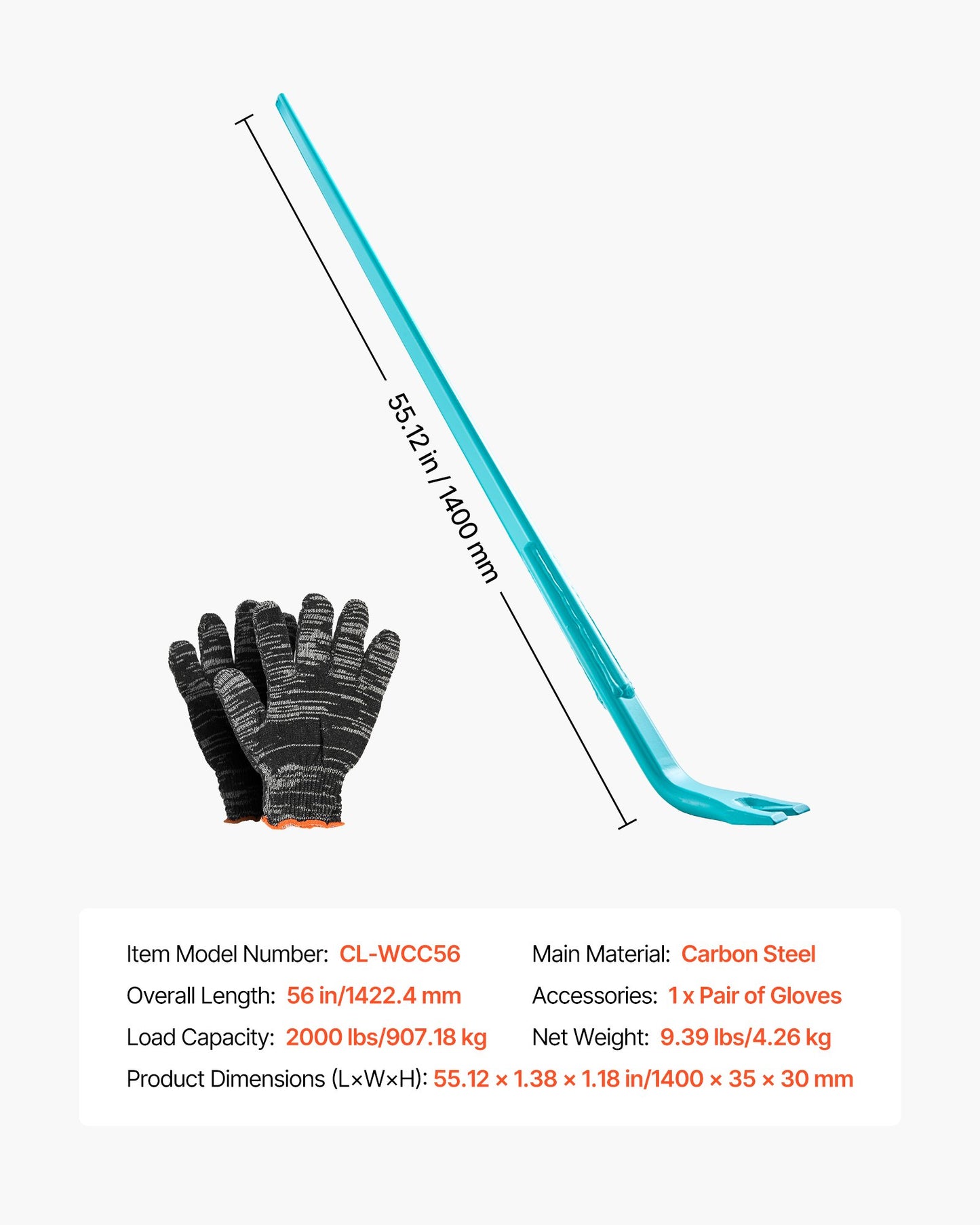 Heavy Duty Pry Lever Bar 2000 Lb Capacity - 52.5 Inch Carbon Steel Crowbar for Demolition and Construction