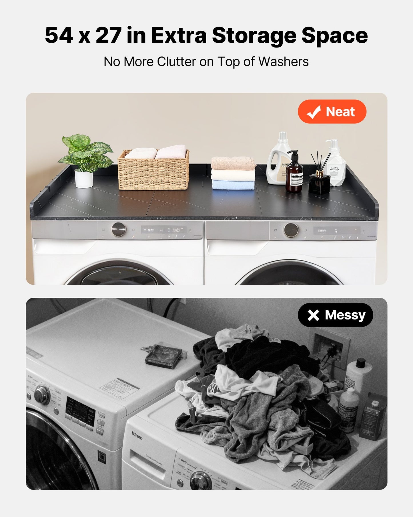 Marble Countertop for Washer and Dryer - 54 x 27.5 Inch Laundry Surface with Edges & Hooks, Water-Resistant Laundry Topper for Laundry Room Organization