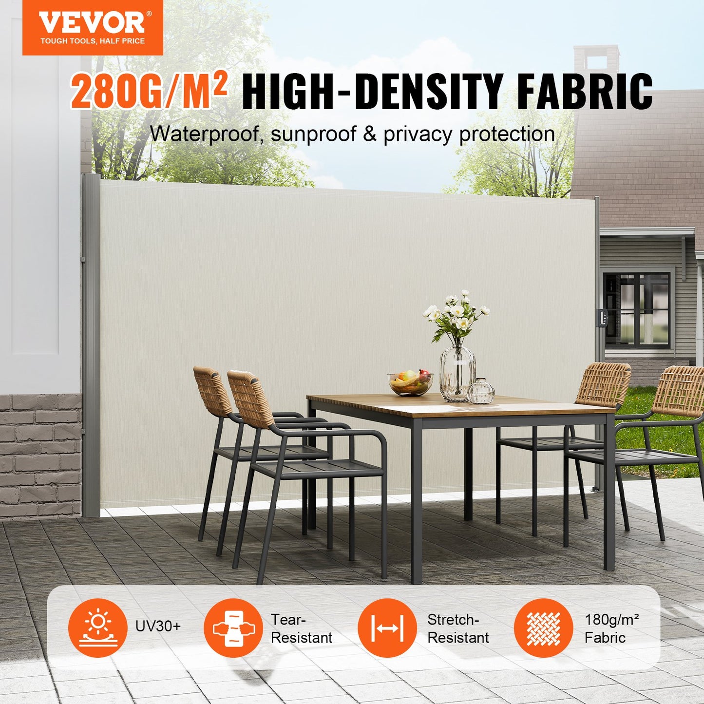 Beige Retractable Patio Sun Screen Wind & Privacy Barrier 71x118 Inches