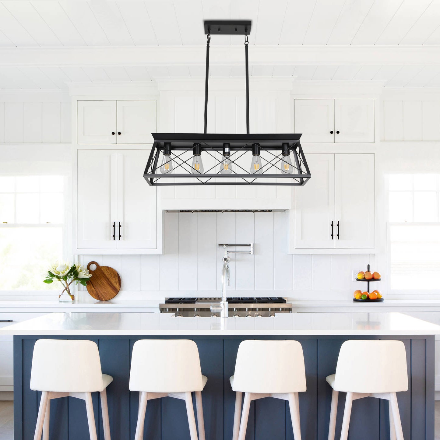 32-Inch Black Industrial 5-Light Pendant Chandelier - Adjustable