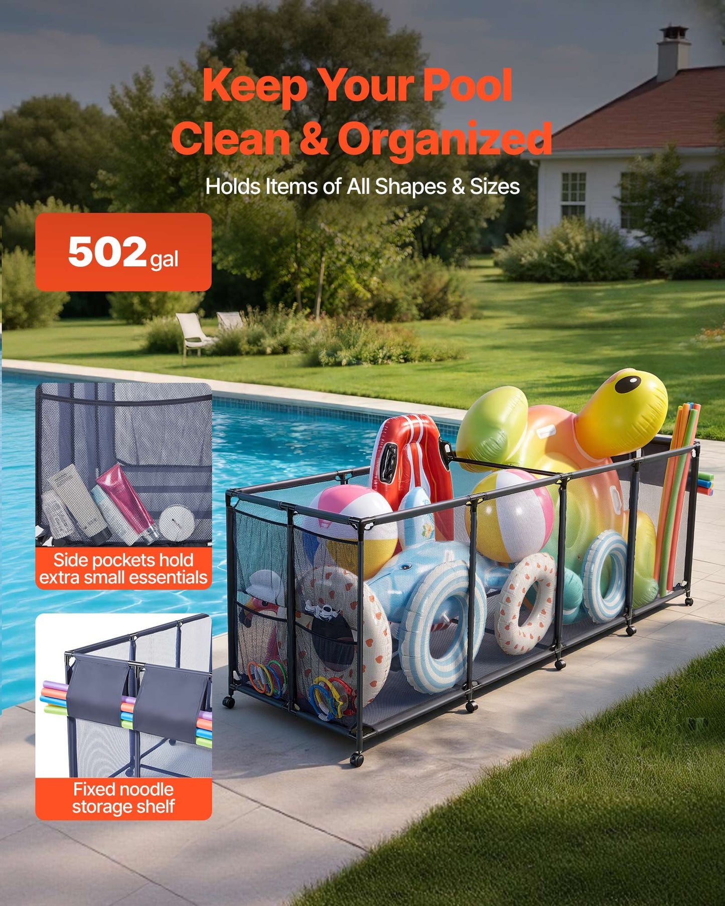 Pool Storage Bin with Wheels and Side Pockets - Large Noodle Organizer for Swimming Pools