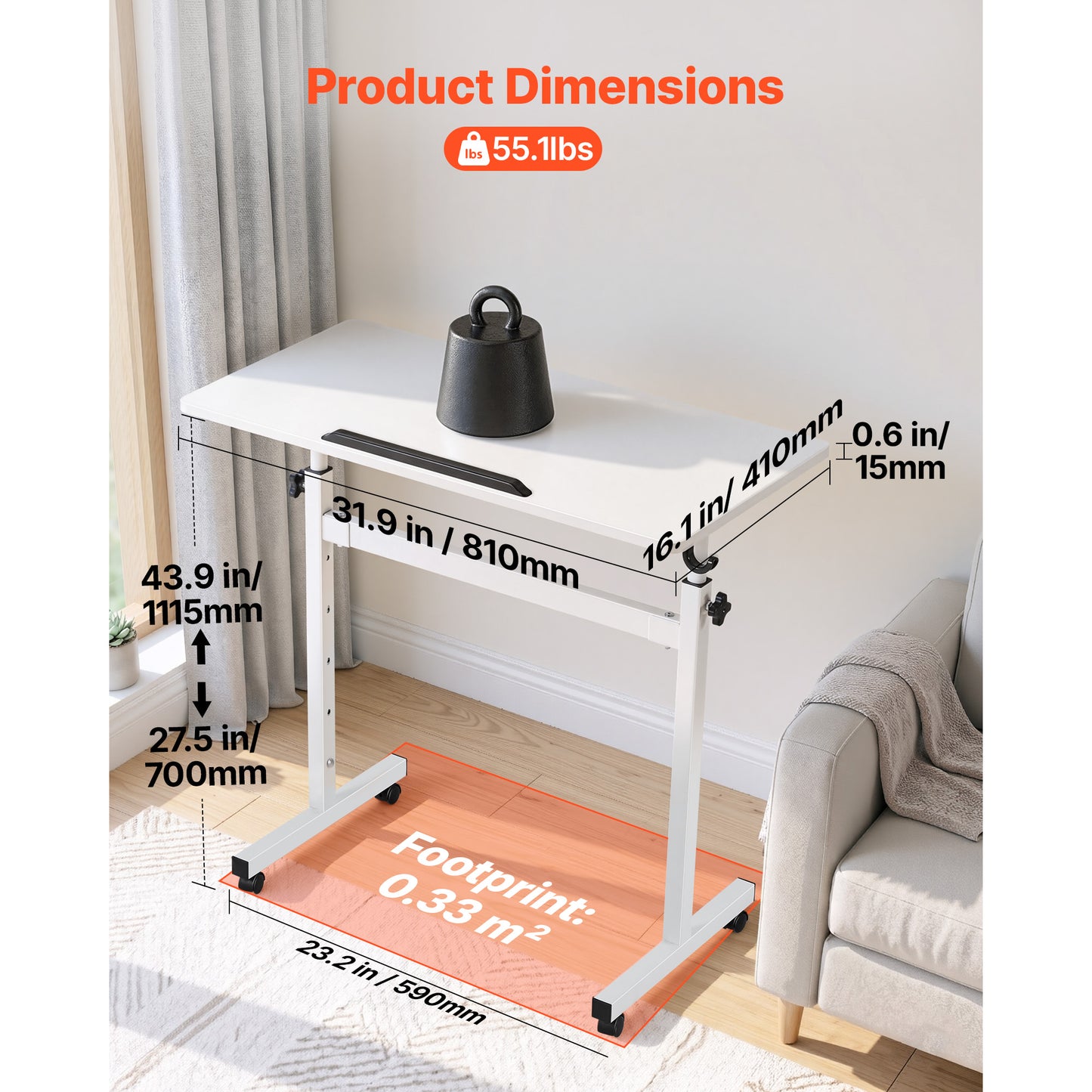 Adjustable Standing Desk with 360° Tilting Desktop, Mobile Sit-Stand Workstation 32x16 In with Lockable Casters