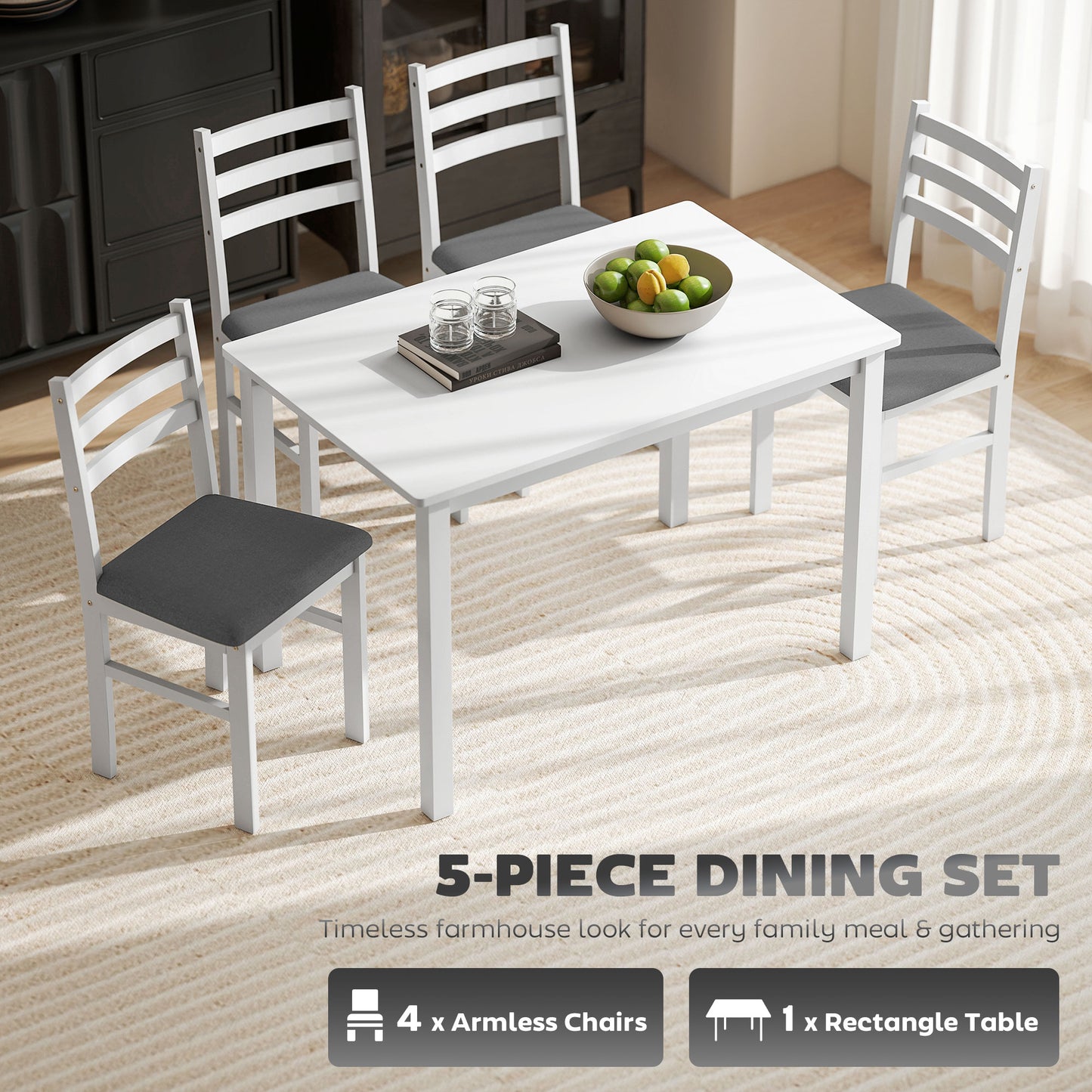 Farmhouse 5-Piece Dining Table Set for 4 with Upholstered Chairs