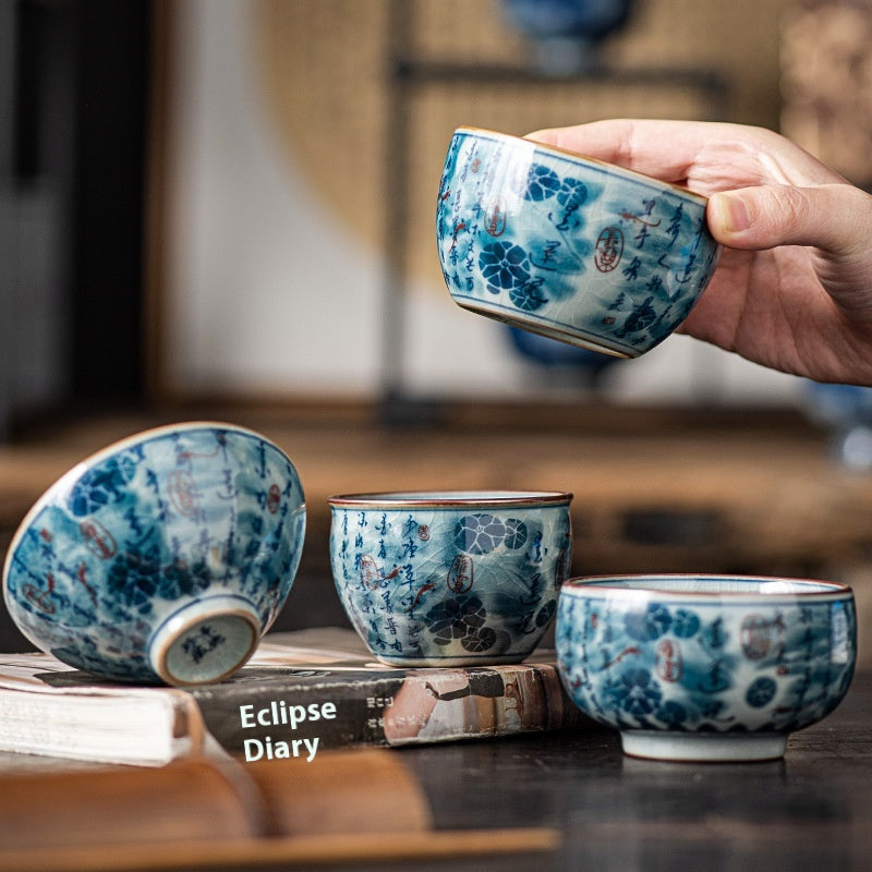 Antique Blue and White Ceramic Tea Cup for Kung Fu Tea Brewing - 150ML