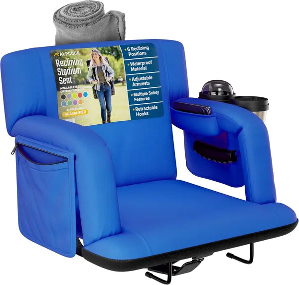 Premium Reclining Stadium Seat with Back Support - Royal Blue 21" Wide