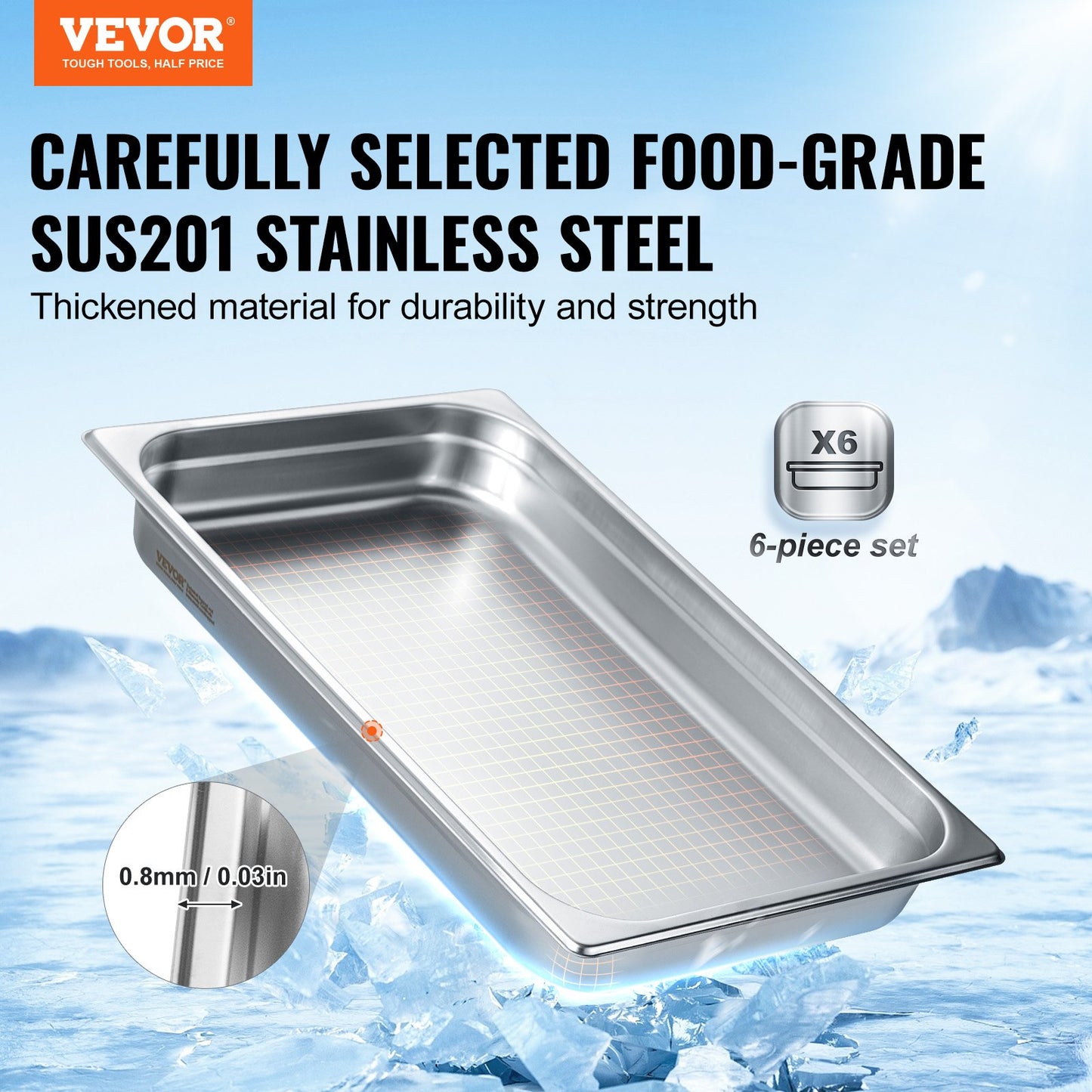 6 Pack Full-Size Stainless Steel Steam Table Pans - 2.5-Inch Deep