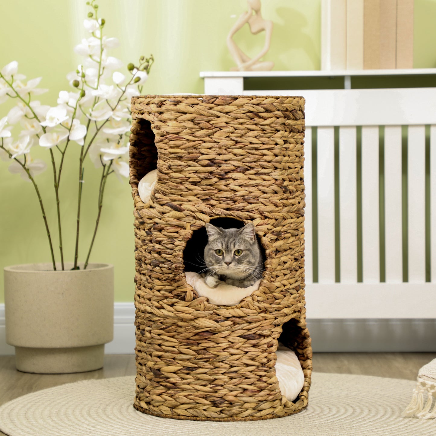 Elevated Cat Bed with Hideaways - 3-Story Indoor Kitty Tower, Water Hyacinth