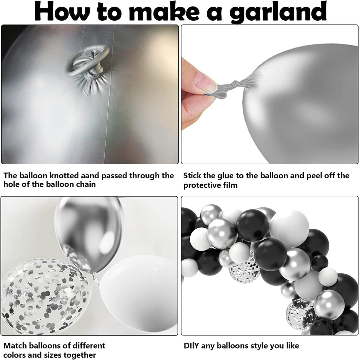 Balloon Arch Party Decoration Set - Black, Silver & White Latex Balloons