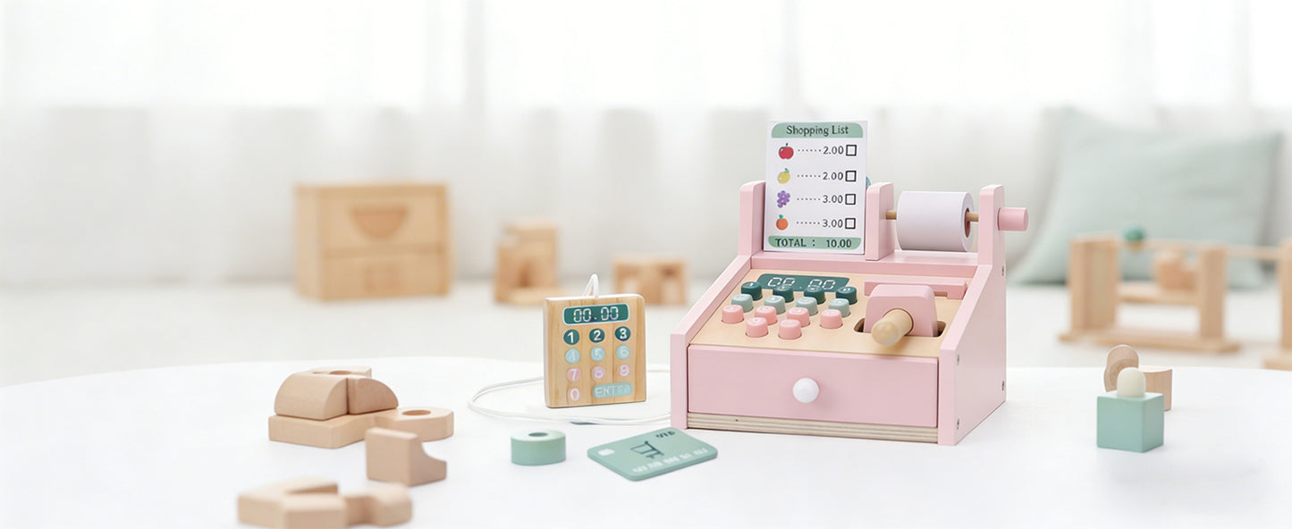 Wooden Toy Cash Register With Scanner Math Learning Role Play Cashier