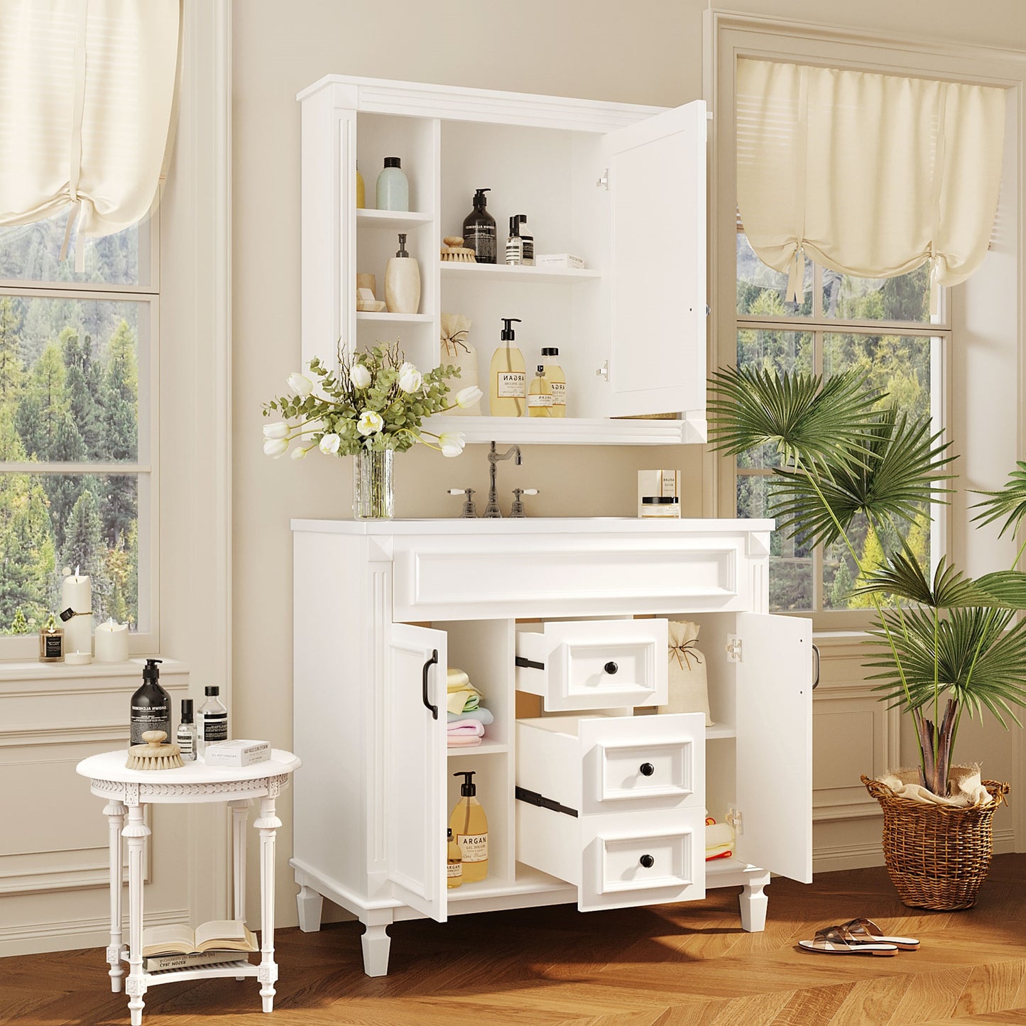 36'' Modern Bathroom Vanity with Sink & Mirror Cabinet - White