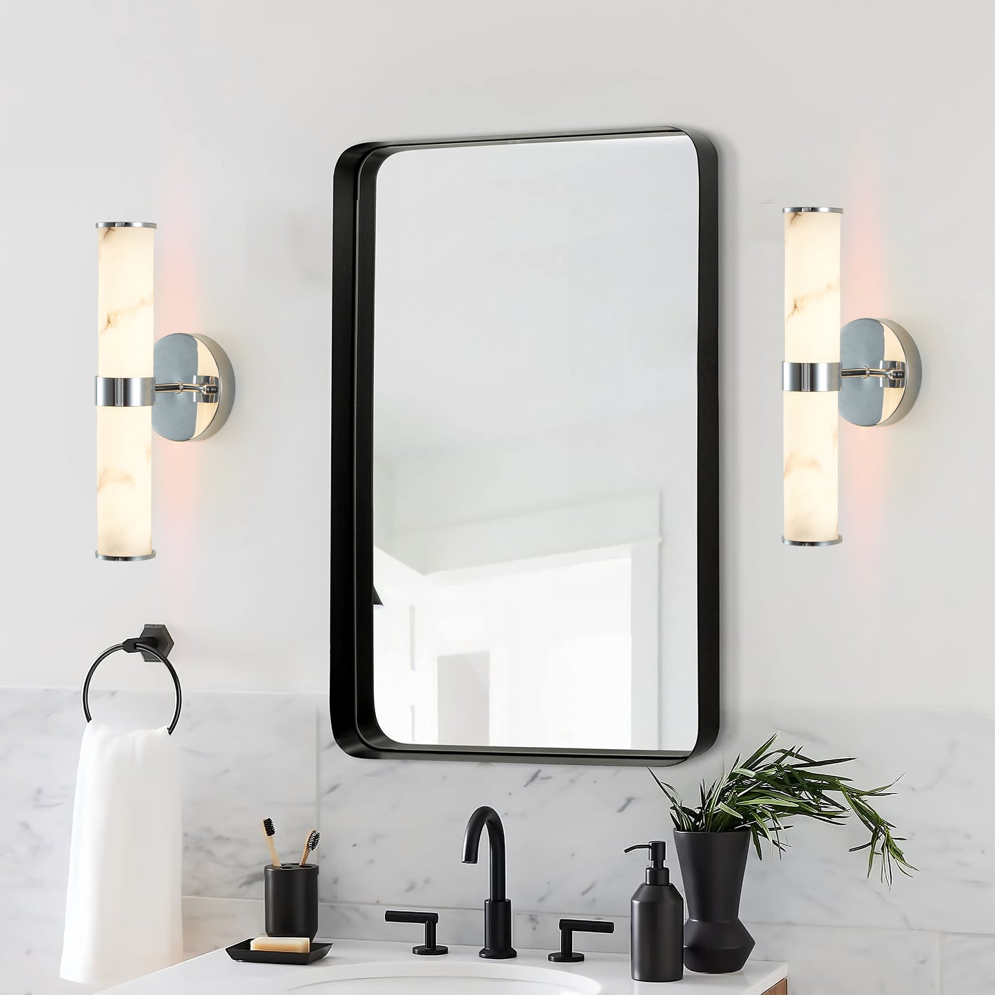 Set of 2 Modern Marble Texture Wall Sconces - Chrome Trim