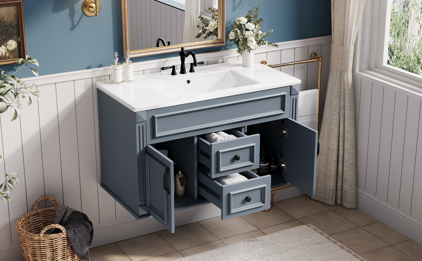 36-Inch Wall Mounted Bathroom Vanity with Ceramic Sink - Blue
